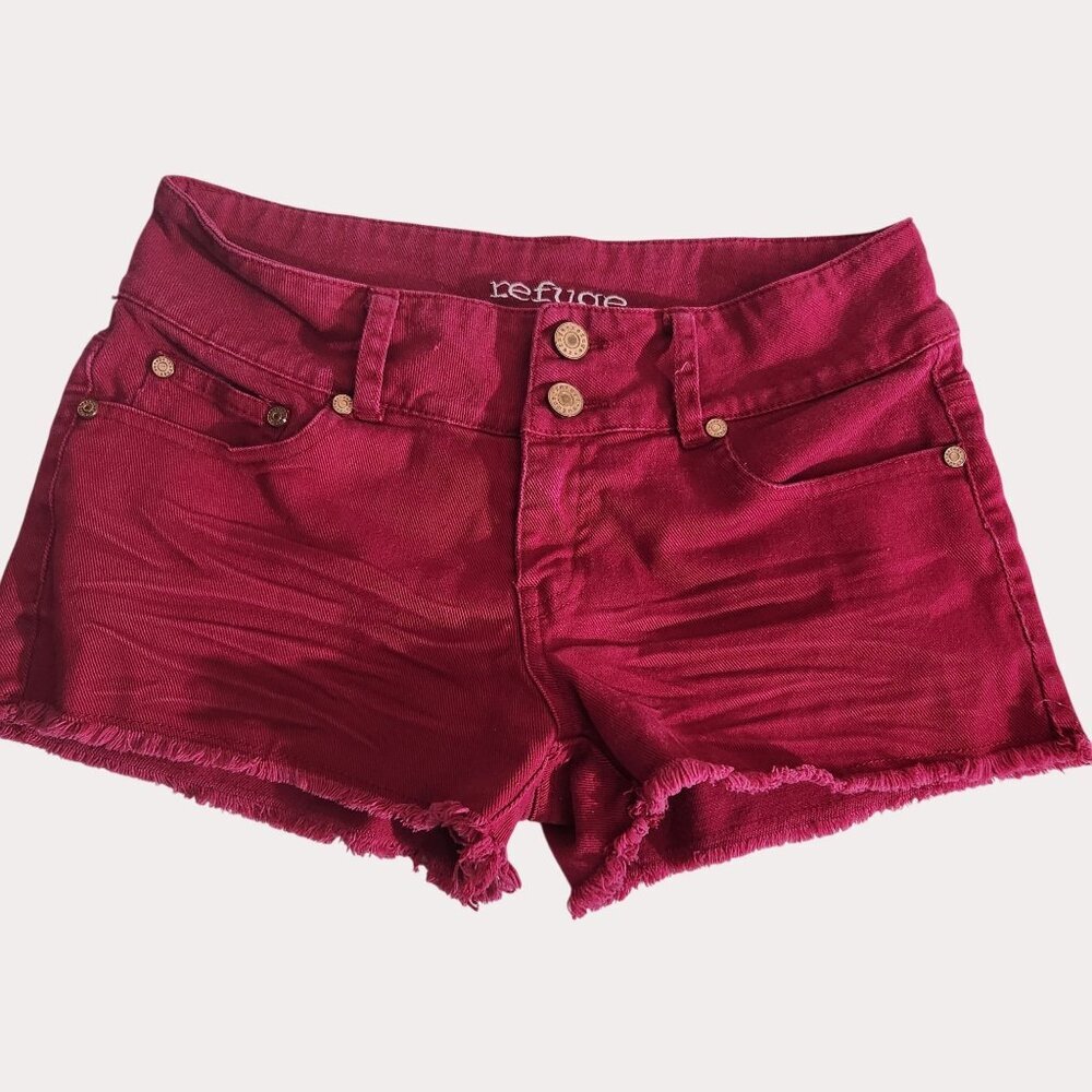 Refuge Shorts Denim High-Waisted Frayed Hem Size 2 Burgundy Red